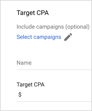 Ovo je snimka zaslona opcija Google Ads ciljanog CPA-a. Te su opcije Uključi kampanje (nije obavezno), Odaberi kampanje, Ime, Ciljani CPA (s okvirom za tekst za unos vrijednosti). Mike Rhodes kaže da Google Ads opcije pametnog licitiranja poput ciljanog CPA koriste umjetnu inteligenciju za upravljanje licitiranjem.