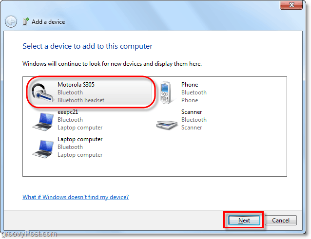 kliknite svoj Bluetooth uređaj iz sustava Windows 7 dodajte čarobnjaka za uređaj i kliknite na sljedeći