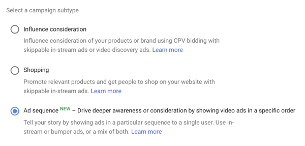 Kako postaviti YouTube oglasnu kampanju, korak 39, opcija za postavljanje slijeda oglasa