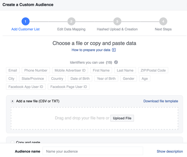 Kada stvarate prilagođenu publiku na Facebooku s popisa e-pošte, možete poboljšati stopu podudaranja s dodatnim identifikatorima.