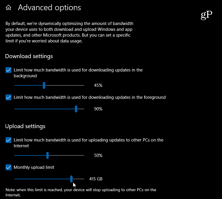 Windows 10 Postavite postavke za preuzimanje i prijenos propusnosti