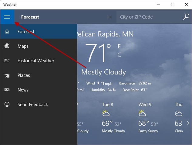 izbornik hamburgera Windows 10 Weather