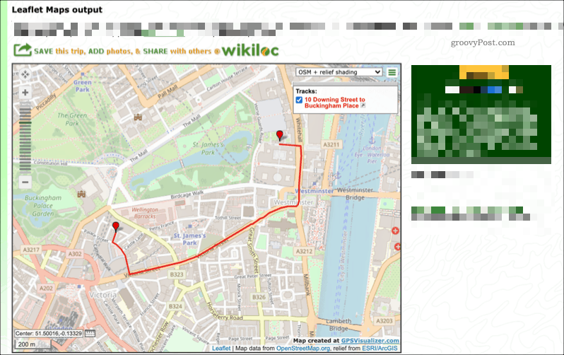 Primjer mape izrađene pomoću usluge GPS Visualizer