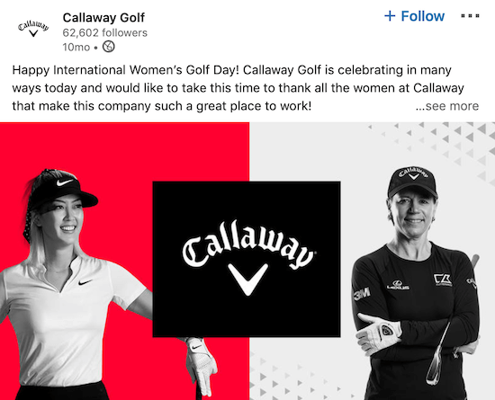 Objava na stranici Callaway Golf LinkedIn za Međunarodni dan žena