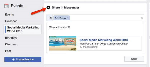 Facebook potiče korisnike da podijele događaj otkriven u Facebooku s drugim korisnicima Messengera.