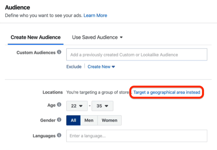 Umjesto toga ciljajte geografsko područje u programu Facebook Ads Manager