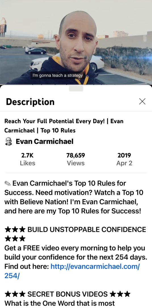 slika YouTube videa Evana Carmichaela i opis na mobilnoj aplikaciji