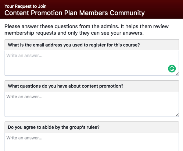 Zamolite buduće članove Facebook grupe da odgovore na kvalificirana pitanja.