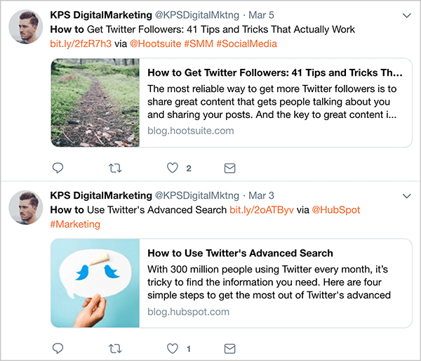 Ovo je snimka zaslona automatiziranih tweetova korisnika @KPSDigitalMarketing objavljenih 3. i 5. ožujka. Ovi se tweetovi pojavljuju prije nego što je Dan Knowlton prestao automatizirati tweetove. Tweetovi slijede formulu zbog koje su prepoznatljivi kao marketinški tweetovi: naslov članka, kratka poveznica, riječ "putem", plus Twitter ručica autora članka, a zatim i neki hashtagovi. Prvi tweet odnosi se na članak pod naslovom "Kako doći do sljedbenika Twittera: 41 savjet i trik koji zapravo funkcioniraju". Drugi je članak pod naslovom "Kako koristiti napredno pretraživanje Twittera".