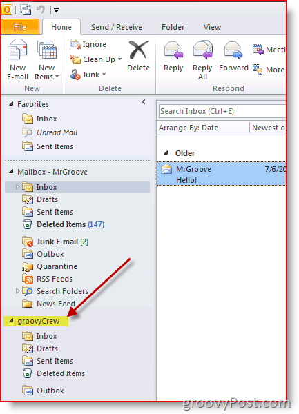 Slika zaslona programa Outlook 2010 kako dodati dodatni poštanski pretinac