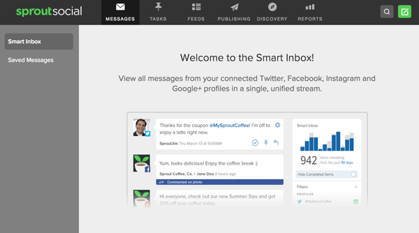 Sprout Social nudi pametnu ulaznu poštu koja vam omogućuje pregled poruka s više društvenih profila na jednom mjestu.
