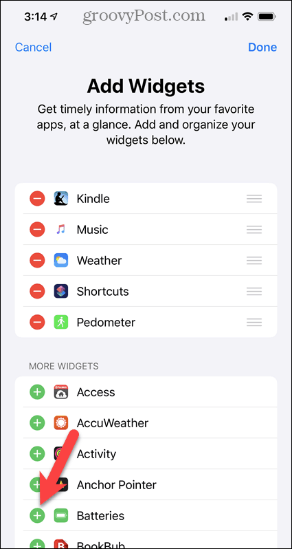 Dodajte widget Baterije na zaslon widgeta za iPhone
