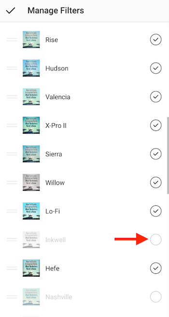 upravljati opcijama izbornika filtara instagrama koji pokazuju kvačice pored filtara uključenih u zaslon za odabir, ističući neprovjereni filtar koji se dodaje na zaslon odabira filtra