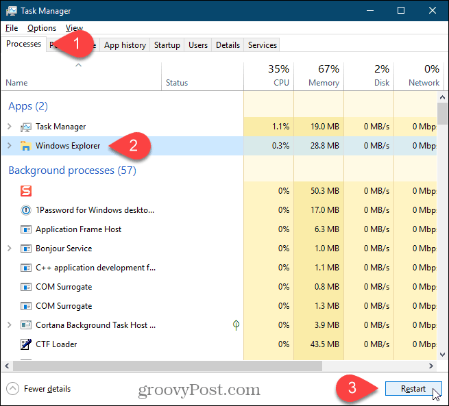 Odaberite postupak Windows Explorer i kliknite Ponovo pokreni u sustavu Windows 10