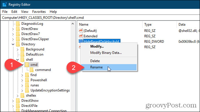 Odaberite Preimenuj za vrijednost HideBasedOnVelocityId u uređivaču sustava Windows Registry