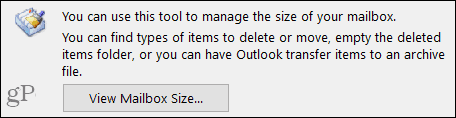 Prikaz veličine poštanskog sandučića u programu Outlook