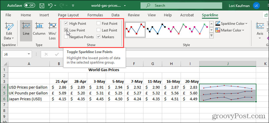 Prikaži opcije za Sparklines u Excelu