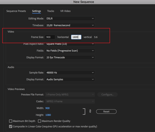 Mogućnost postavljanja brzine sličica za vašu sekvencu u programu Adobe Premier Pro.