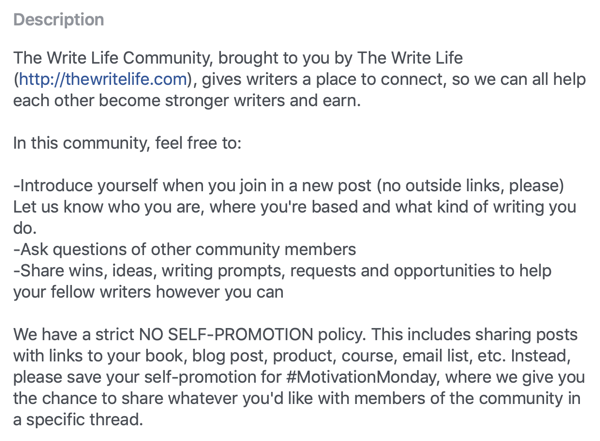 Kako poboljšati zajednicu Facebook grupe, primjer opisa i pravila Facebook grupe od strane The Write Life Community