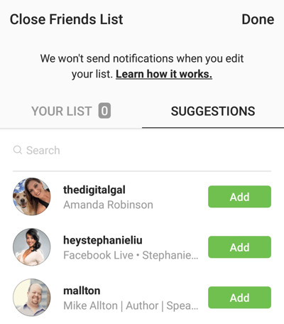 Opcija da kliknete Dodaj da biste dodali prijatelja na svoj popis bliskih prijatelja na Instagramu.