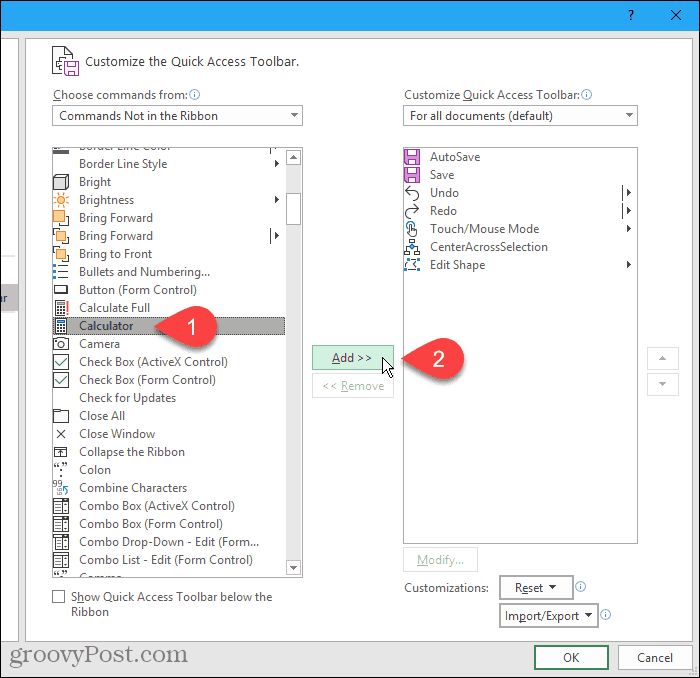 Odaberite Kalkulator s lijeve strane, a zatim kliknite Add (Dodaj) u dijaloškom okviru Excel Options (Opcije Excel)