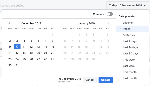 Mogućnost postavljanja datumskog raspona za vaše izvješće o nabavi i ROAS-u na Facebook Ads Manageru.