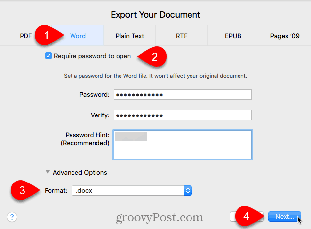 Izvezite dijaloški okvir Document u Pages for Mac