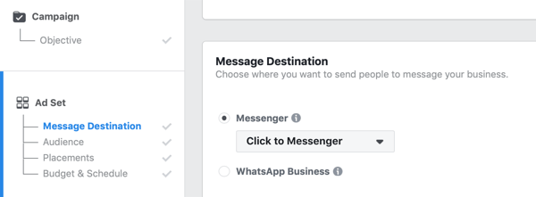 Facebook oglasi za Messenger, korak 1.