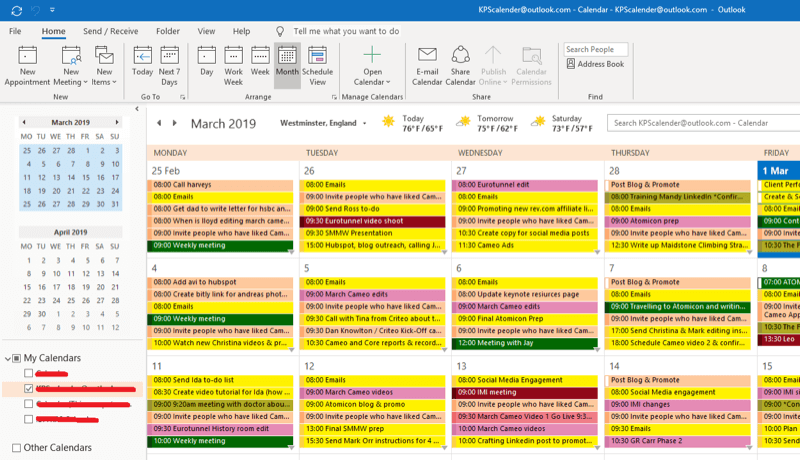 Strategija marketinga na društvenim mrežama; Snimka zaslona našeg Outlook kalendara kako bi pokazala kako planiramo svaku radnju implementacije kako bismo osigurali da se ona završi.