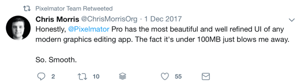 Kako koristiti društveni dokaz u marketingu, primjer društvene recenzije Pixelmator-a s oznakom od @ChrisMorrisOrg