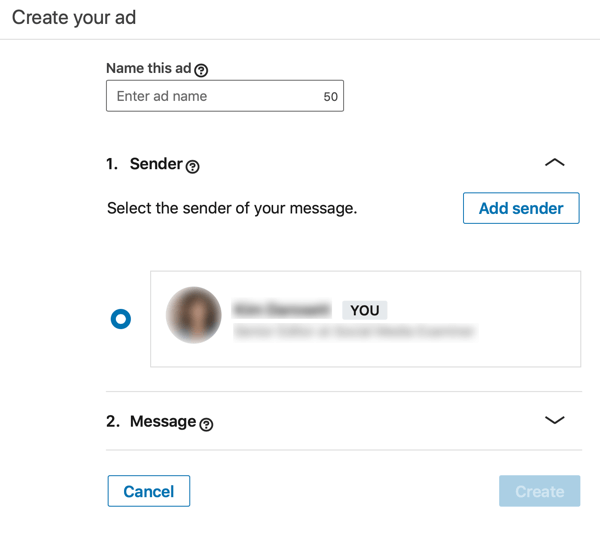 Kako izraditi LinkedIn sponzorirani InMail oglas zasnovan na objektivu, korak 3, postavite naziv i pošiljatelja