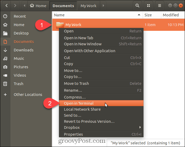 Izaberite Otvori u terminalu u Ubuntu Linuxu