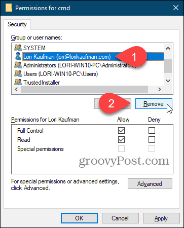 Uklonite korisnika u dijaloškom okviru Dozvole u Windows registru