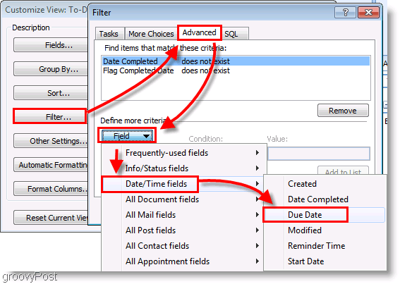 Snimka zaslona: Outlook 2007 filter za postavljanje traka do obaveza