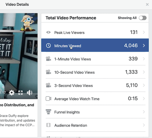 facebook graf primjer zadržavanja publike u odjeljku ukupnih video performansi