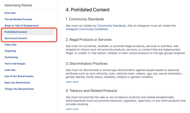 Odjeljak zabranjenog sadržaja u pravilima oglašavanja na Facebooku