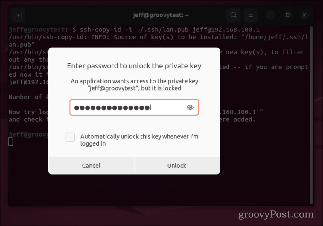 Dijalog Ubuntu lozinke za SSH ključ