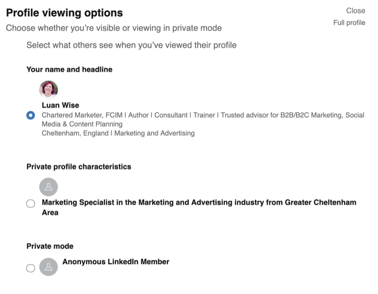 Opcije pregleda profila u postavkama privatnosti LinkedIn-a