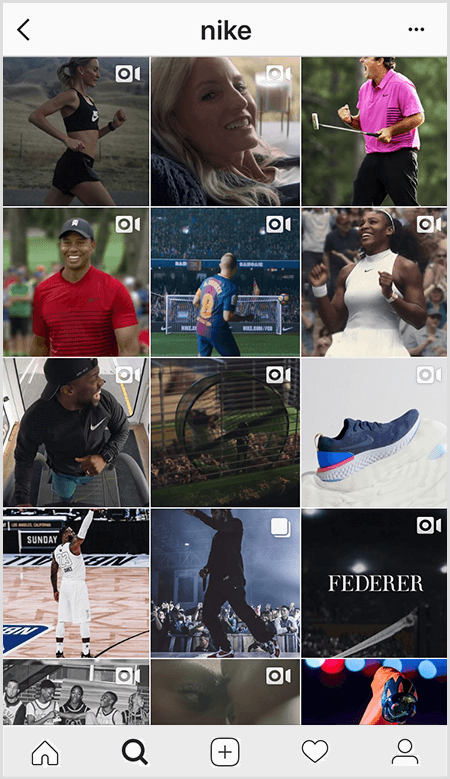 Nikeove objave na Instagramu sadrže mrežu sportaša koji nose Nikeovu opremu, ali malo slika u feedu ima tekst.