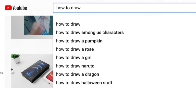 primjer istraživanja ključnih riječi na youtubeu za izraz "kako crtati"