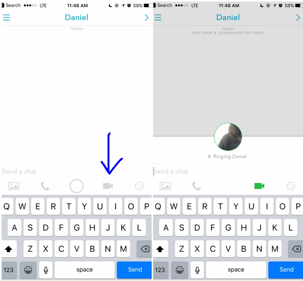 Da biste uputili Snapchat video poziv, dodirnite ikonu videozapisa u otvorenom razgovoru s kupcem.