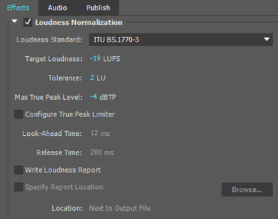 Ove postavke za normalizaciju glasnoće koristim prilikom izvoza svoje audio datoteke u Adobe Premiere.