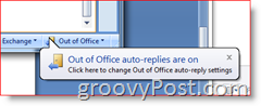 Donji desni kut programa Outlook 2007 - Podsjetnik za omogućene automatske odgovore izvan ureda