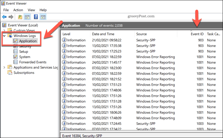 Popis dnevnika Windows aplikacija u pregledniku događaja