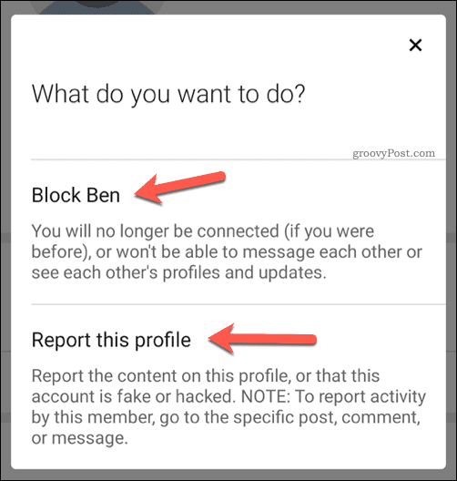 Odabir blokiranja ili prijavljivanja korisnika u LinkedInu