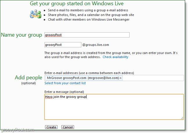stvoriti Windows Live grupu