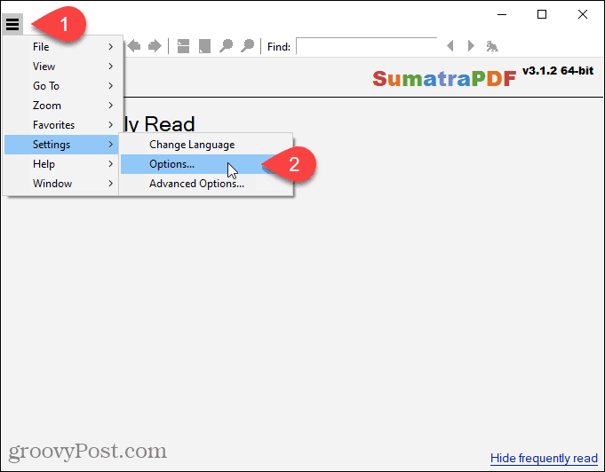 Idite na Postavke> Opcije u SumatraPDF