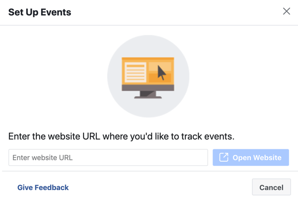 Koristite Facebook alat za postavljanje događaja, korak 3, unesite URL web stranice za instalaciju piksela događaja