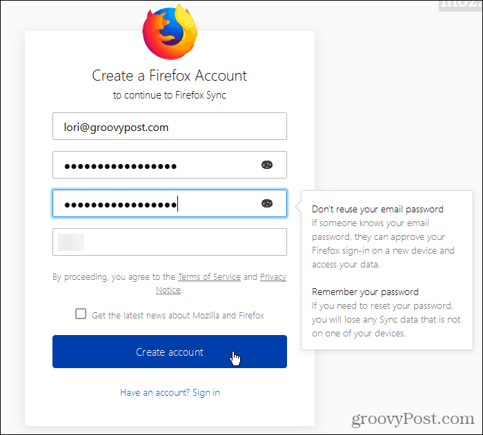 Stvorite Firefox Sync račun