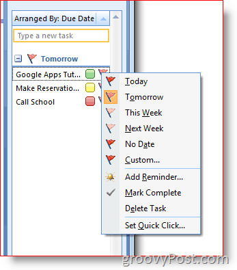 Traka obveza Outlook 2007 - desnom tipkom miša kliknite zastavicu za izbornik mogućnosti